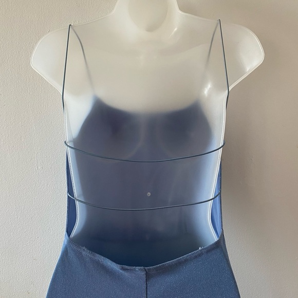 VINTAGE 90s Y2K BABY BLUE GLITTER OPEN BACK GOWN PROM DRESS W/ SIDE SLIT - Picture 5 of 9